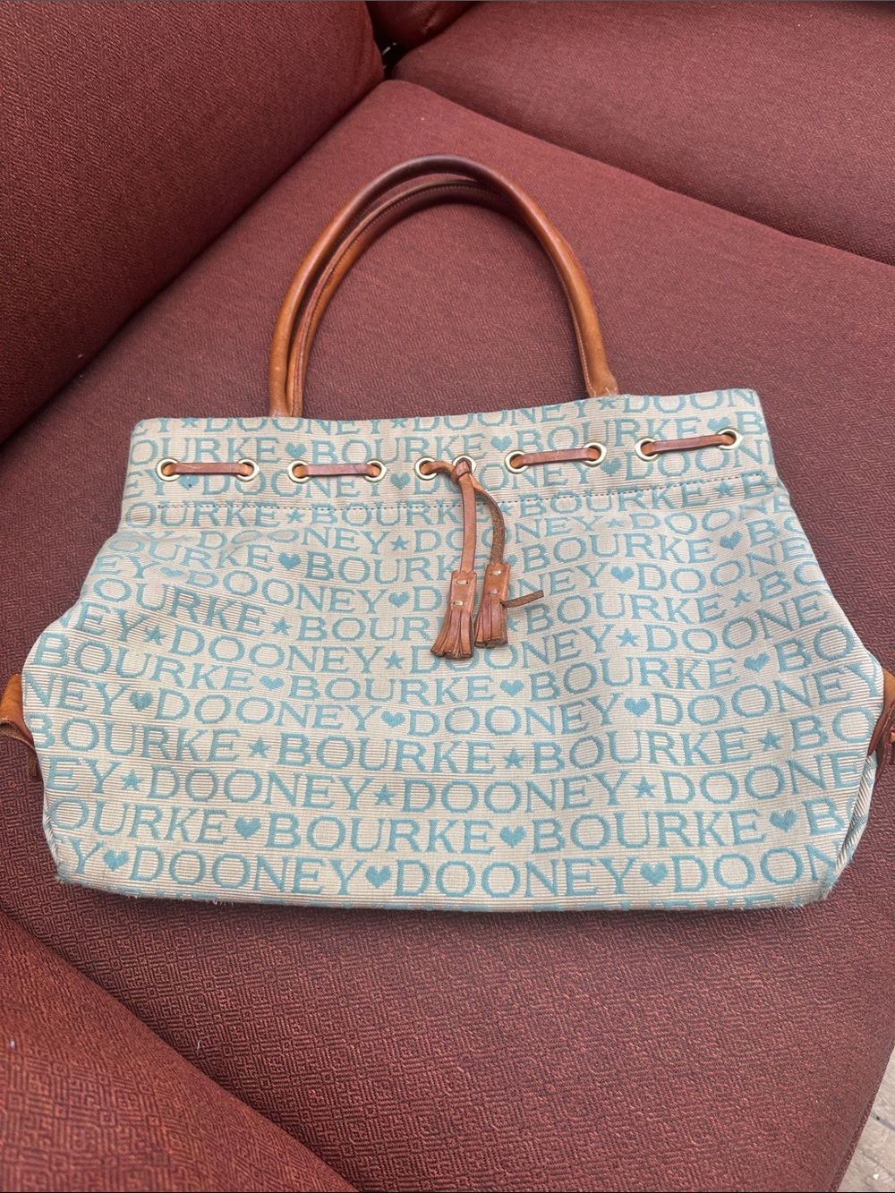 Dooney & Bourke Aqua Logo Canvas Tote with Tan Leather Trim